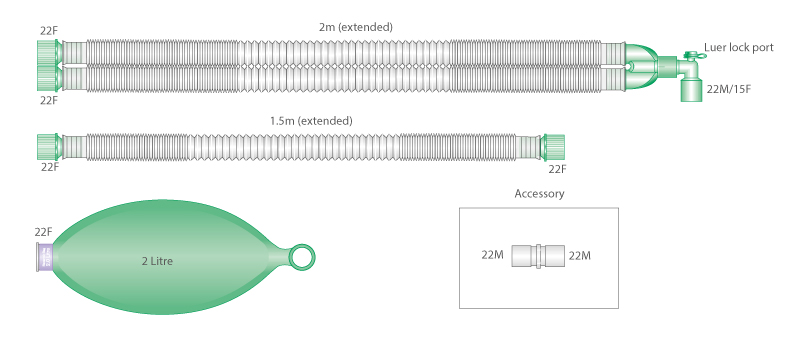 22mm Compact Anästhesie-System 2.0m, komplett mit Beutel 2 Liter und Zusatzschlauch 1.5m