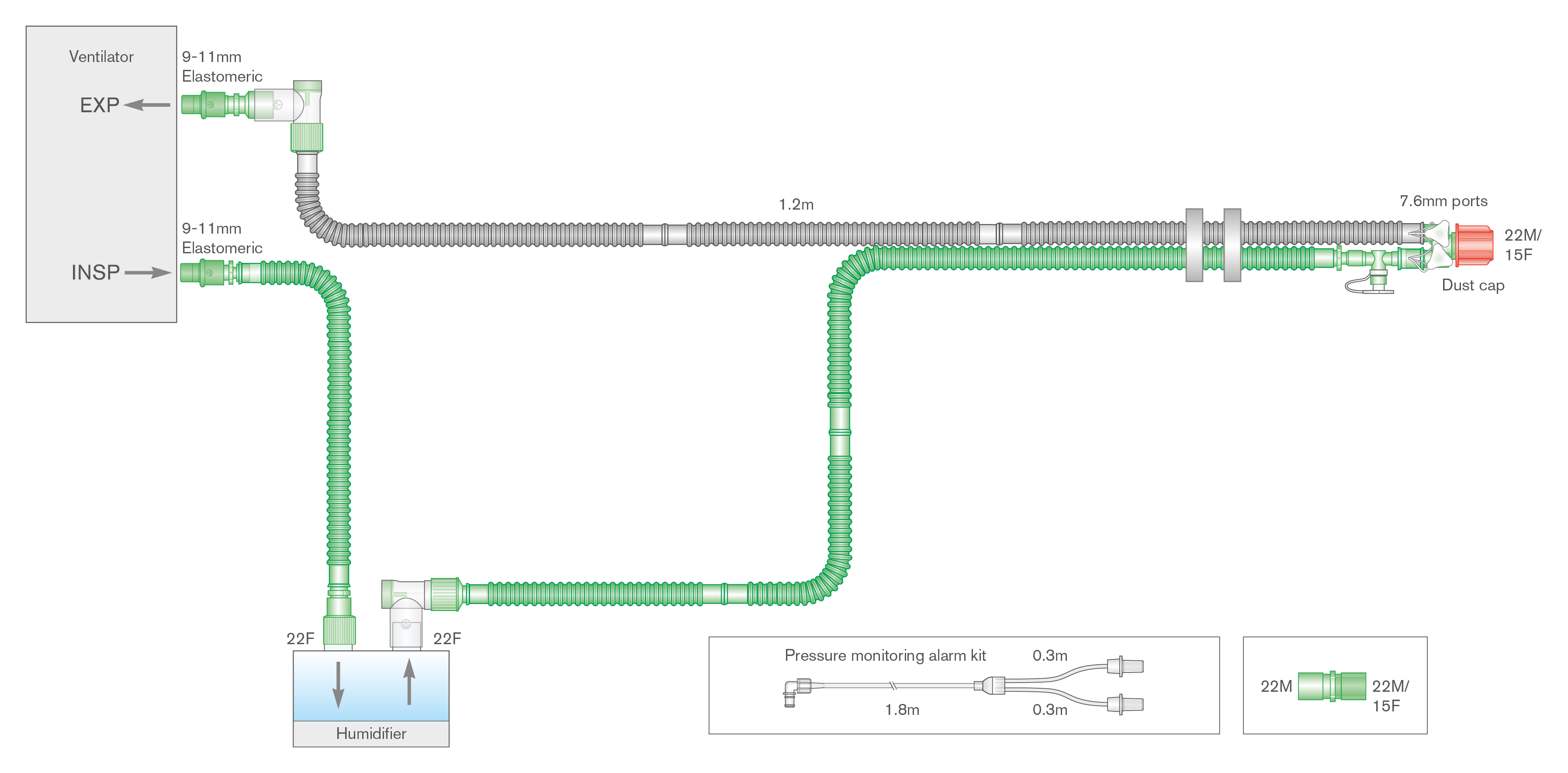 15mm Flextube Beatmungssystem, doppelt beheizt, mit Messleitung und Zusatzschlauch. ≥ 1.2m  
