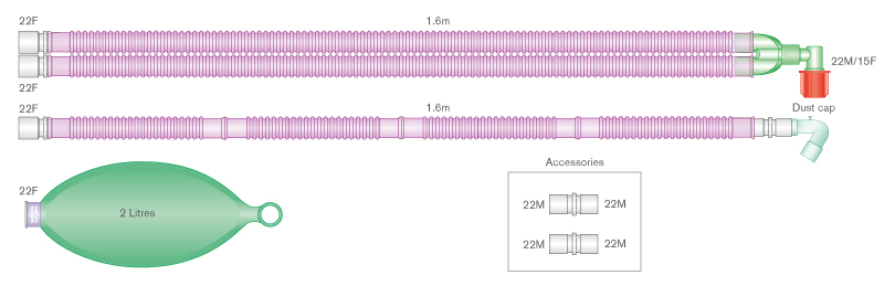 22mm Silver Knight Flextube Beatmungssystem 1.6m für Aisys™, Avance™ und Aespire™ Carestations, mit starrem Winkel, Beutel 2 Liter und Zusatzschlauch 1.6m 