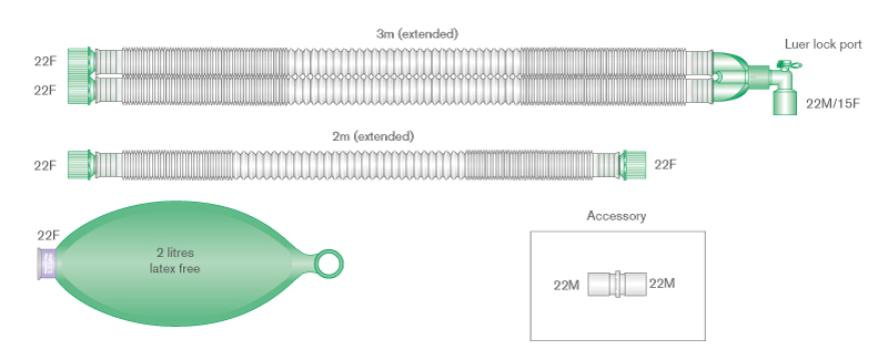22mm Compact Anästhesie-System 3.0m, komplett mit Beutel 2 Liter und Zusatzschlauch 2.0m