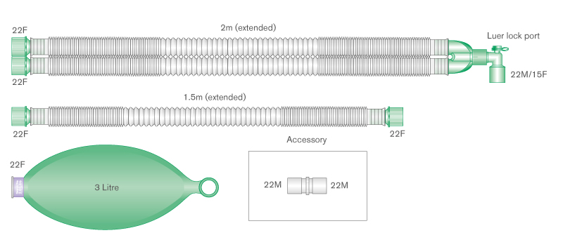 22mm Compact Anästhesie-System 2.0m, komplett mit Beutel 3 Liter und Zusatzschlauch 1.5m