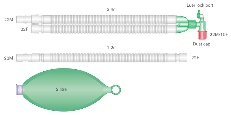 22mm Flextube Beatmungssystem 2.4m mit Beutel 2 Liter und Zusatzschlauch 1.2m