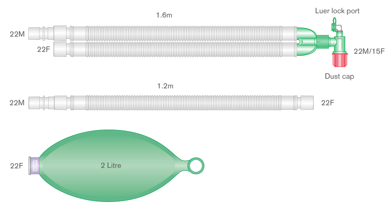 22mm Flextube Beatmungssystem 1.6m mit Beutel 2 Liter und Zusatzschlauch 1.2m
