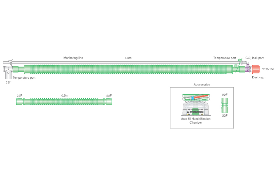 30mm Flextube beheiztes Bilevel-Beatmungssystem mit Drehkonnektor, CO₂-Leckageport, Messleitung, Autofill-Kammer und Zusatzschlauch, ≥ 1.6m