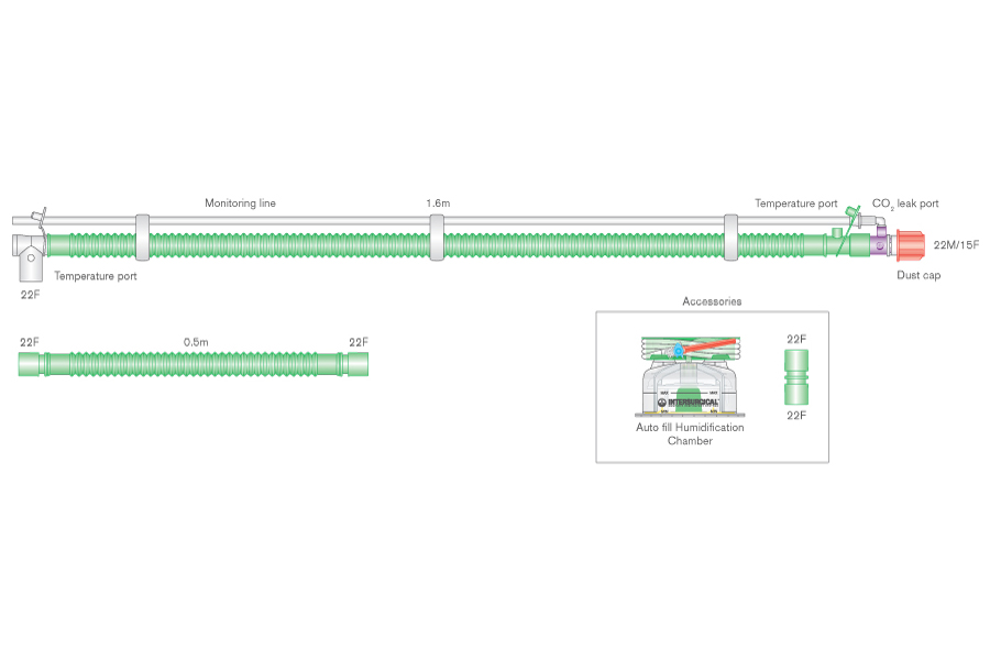 22mm Flextube beheiztes Bilevel-Beatmungssystem mit Drehkonnektor, CO₂-Leckageport, Messleitung, Autofill-Kammer und Zusatzschlauch, ≥ 1.6m
