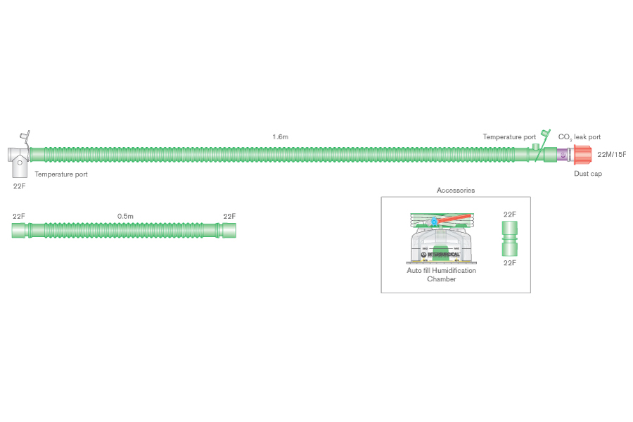 22mm Flextube beheiztes Bilevel-Beatmungssystem mit Drehkonnektor, CO₂-Leckageport, Autofill-Kammer und Zusatzschlauch, ≥ 1.6m