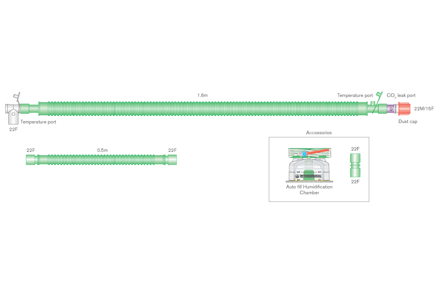 30mm Flextube beheiztes Bilevel-Beatmungssystem mit Drehkonnektor, CO₂-Leckageport, Autofill-Kammer und Zusatzschlauch, ≥ 1.6m  