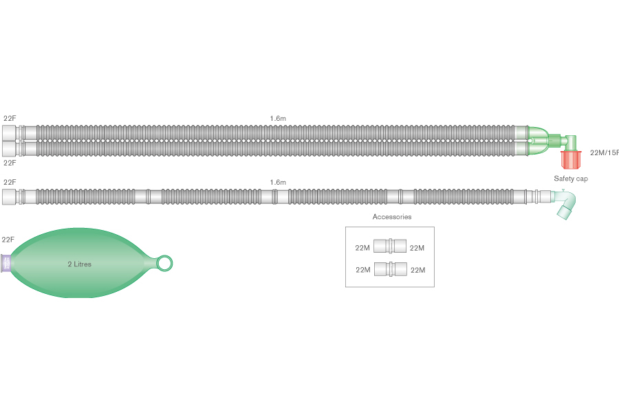 22mm Flextube Beatmungssystem 1.6m für Aisys™, Avance™ und Aespire™ Carestations, mit 2L Beutel und Winkel, ≥ 1.6m