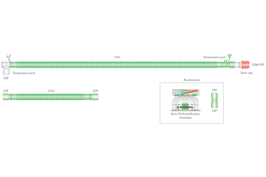 22mm Flextube beheiztes Bilevel-Beatmungssystem 1.6m für Kinder mit Drehkonnektor, Autofill-Kammer und Zusatzschlauch 0.5m