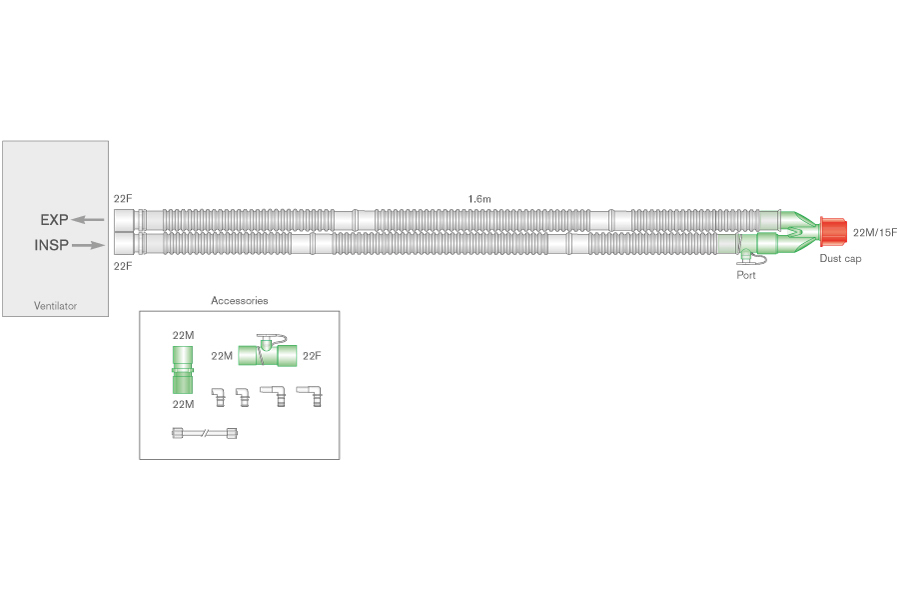 22mm Flextube Beatmungssystem 1.6m mit Adaptern für Lachgas-Applikation