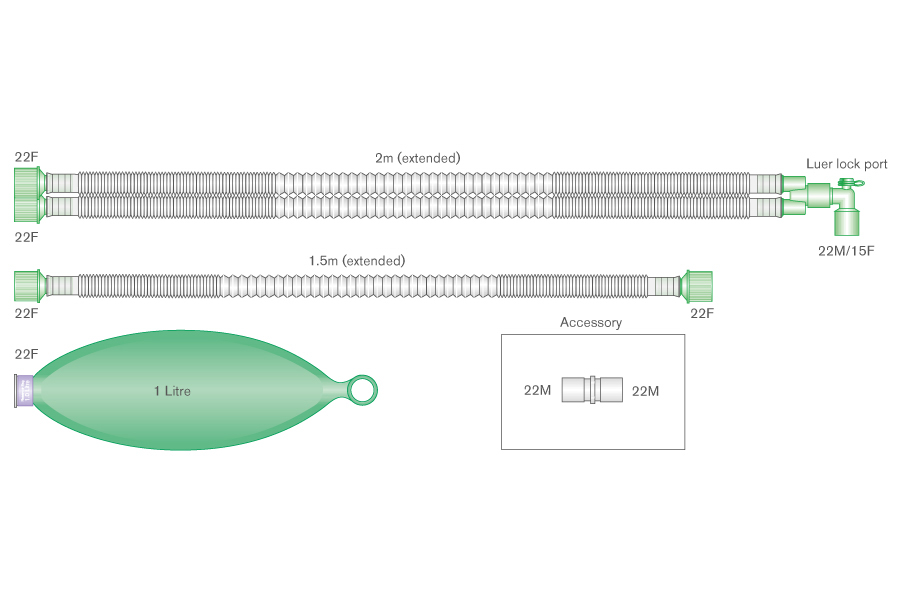15mm Compact Anästhesie-System mit 1L Beutel, Luer-Winkel und Zusatzschlauch, ≥ 2m