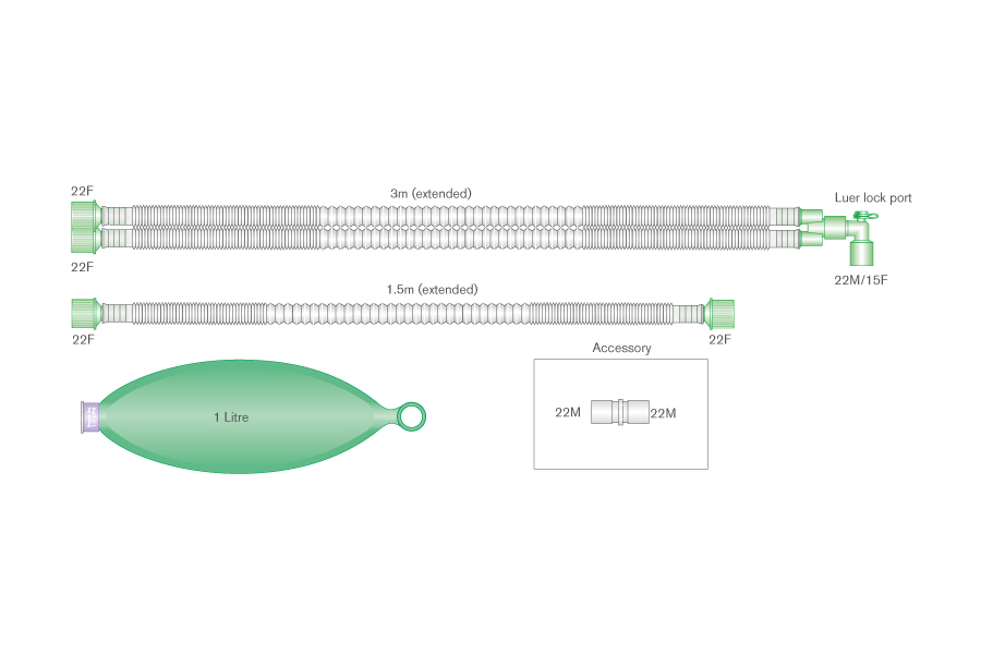 15mm Compact Anästhesie-System mit 1L Beutel, Luer-Winkel und Zusatzschlauch, ≥ 3m