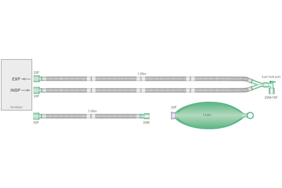 15mm Flextube Beatmungssystem mit geschlossenem Beutel 1 Liter, Luer-Winkel und Zusatzschlauch ≥ 1.35m
