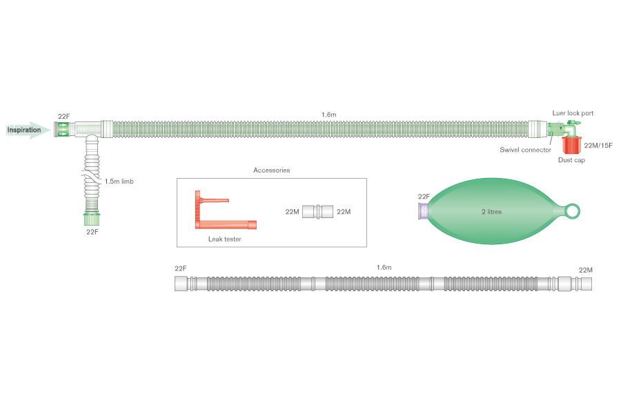 30mm Uniflow Koaxial-Beatmungssystem mit 2L Beutel, Luer-Winkel und Schlauch, ≥ 1.6m