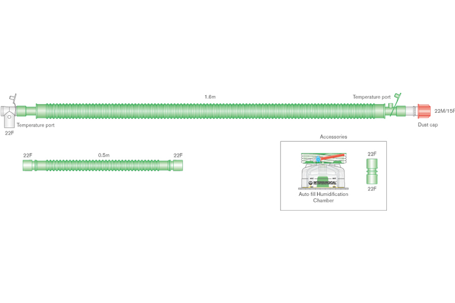 30mm Flextube beheiztes Bilevel-Beatmungssystem 1.6m für Erw. mit Drehkonnektor, Autofill-Kammer und Zusatzschlauch 0.5m