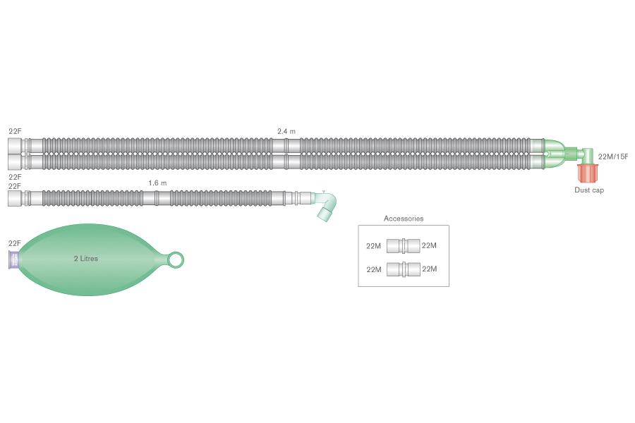 22mm Flextube Beatmungssystem für Aisys™, Avance™ und Aespire™ Carestations, mit 2L Beutel, Winkel und Zusatzschlauch, ≥ 2.4m
