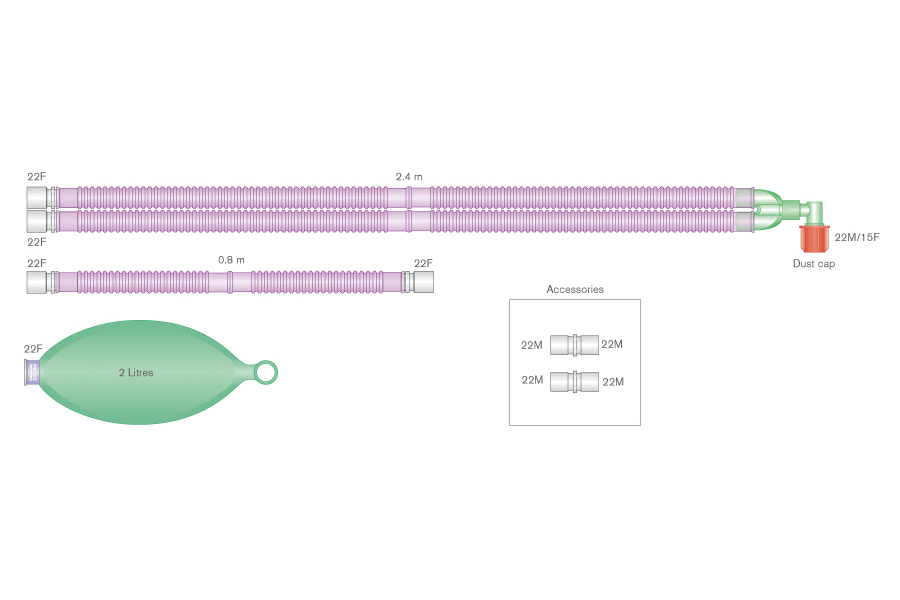 22mm Silver Knight Flextube Beatmungssystem 2.4m mit  Beutel 2 Liter und Zusatzschlauch 0.8m