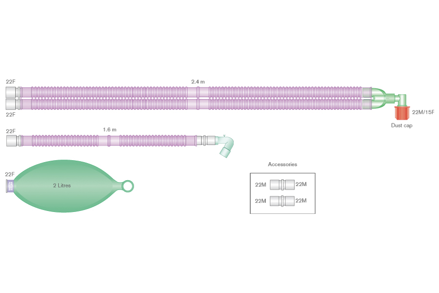 22mm Silver Knight Flextube Beatmungssystem 2.4m für Aisys™, Avance™ and Aespire™ Carestations mit starrem Winkel, Beutel 2 Liter und Handbeatmungsschlauch 1.6m