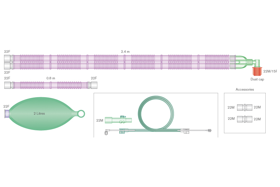 22mm Silver Knight Flextube Beatmungssystem 2.4m für Aisys™, Avance™ und Aespire™ Carestations mit starrem Winkel, Beutel 2 Liter, Zusatzschlauch 0.8m und Spirometrie-Set