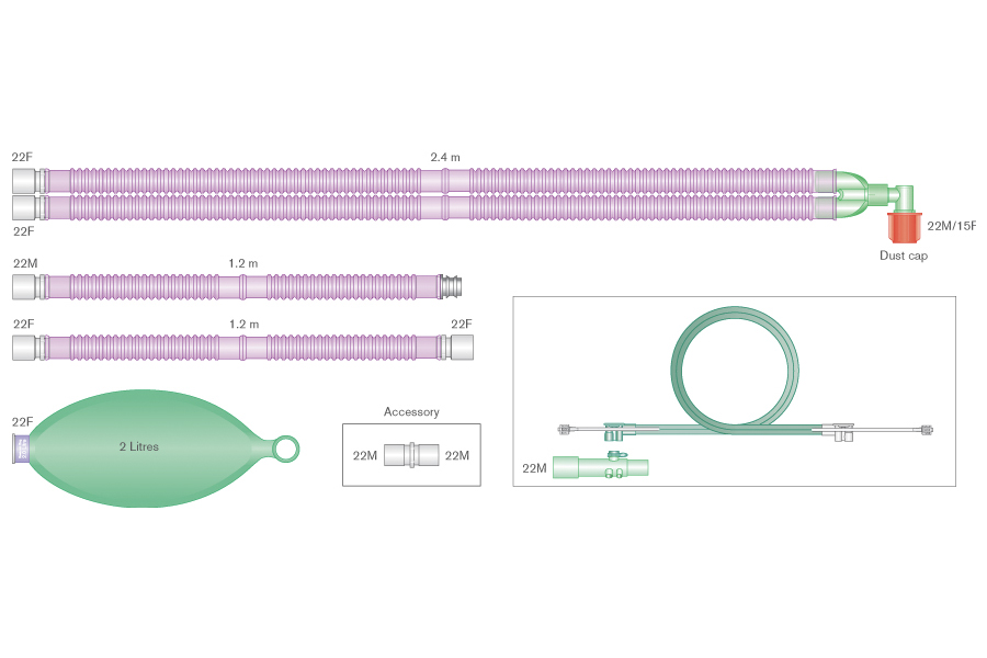 22mm Silver Knight Flextube Beatmungssystem 2.4m für ADU Carestation mit starrem Winkel, Beutel 2 Liter, 2 x Zusatzschlauch 1.2m und Spirometrie-Set