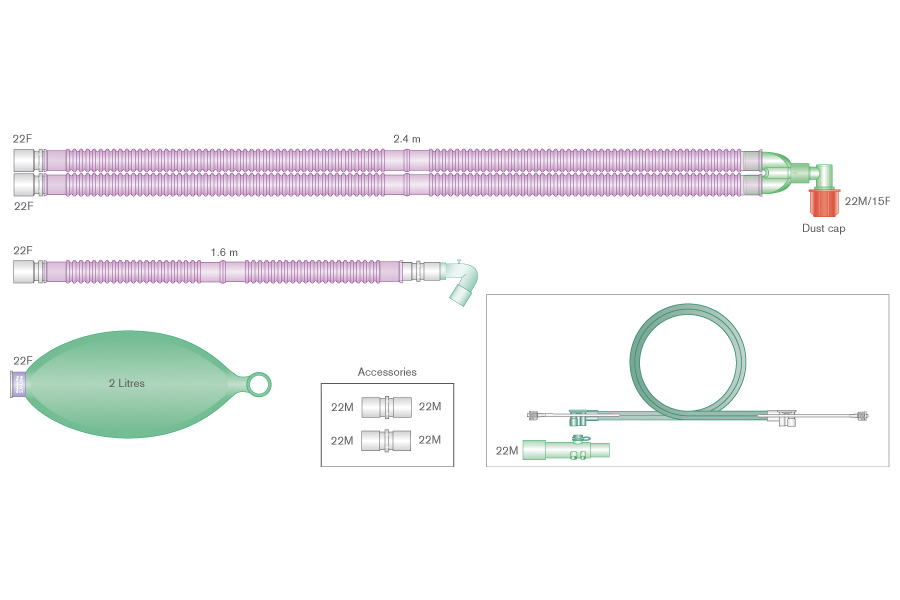 22mm Silver Knight Flextube Beatmungssystem 2.4m für Aisys™, Avance™ und Aespire™ Carestations mit starrem Winkel, Beutel 2 Liter, Zusatzschlauch 1.6m und Spirometrie-Set