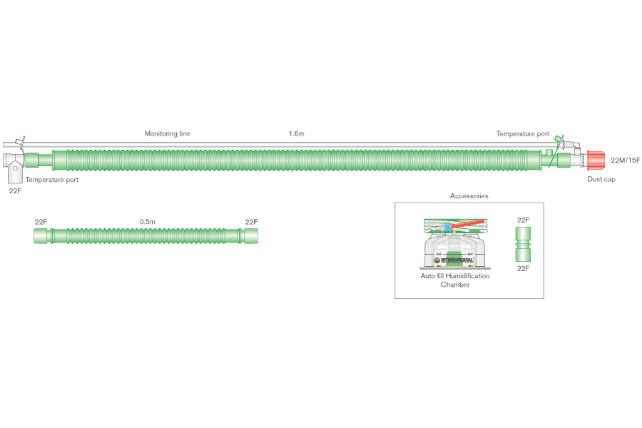 30mm Flextube beheiztes Bilevel-Beatmungssystem 1.6m für Erw. mit Drehkonnektor, Messleitung, Autofill-Kammer und Zusatzschlauch 0.5m