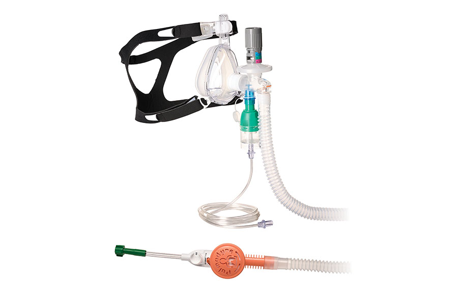 O2-MAX Trio-System mit ausziehbarem Schlauch, 5-SET verstellbarem PEEP-Ventil, Vernebler und BiTrac ED Maske,