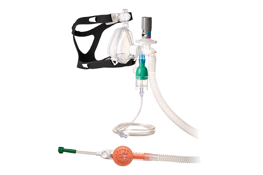 O2-MAX Trio-System mit ausziehbarem Schlauch, 5-SET verstellbarem PEEP-Ventil, Vernebler und BiTrac ED Maske,