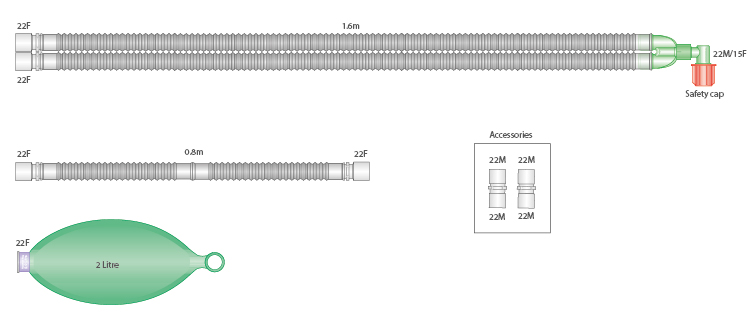 22mm Flextube Beatmungssystem 1.6m mit Beutel 2 Liter und Zusatzschlauch 0.8m